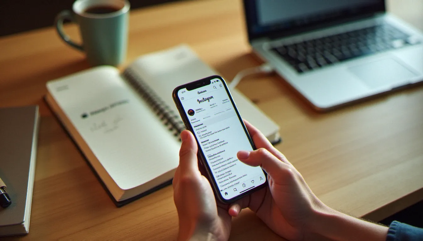 Recherche de hashtags Instagram sur smartphone posé sur un bureau en bois avec carnet de notes manuscrites pour attirer de nouveaux abonnés