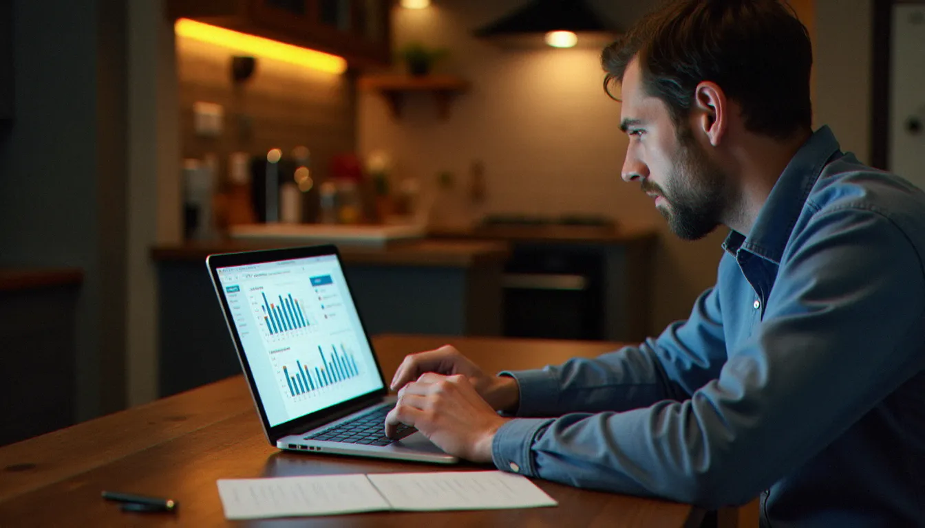 Chef de petite entreprise analysant les statistiques de croissance de ses abonnés Instagram sur ordinateur portable depuis son bureau à domicile avec un planning de contenu papier