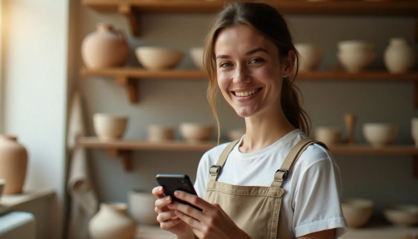 Artisane consultant son profil Instagram pour développer ses abonnés depuis son atelier de céramique éclairé à la lumière naturelle