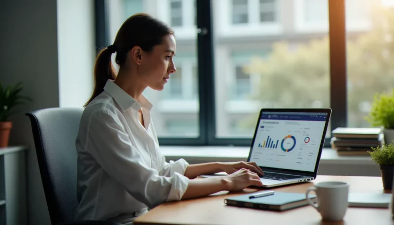 Consultant digital analysant des données de programme d'affiliation sur un ordinateur portable, illustrant la définition et le fonctionnement de l'affiliation