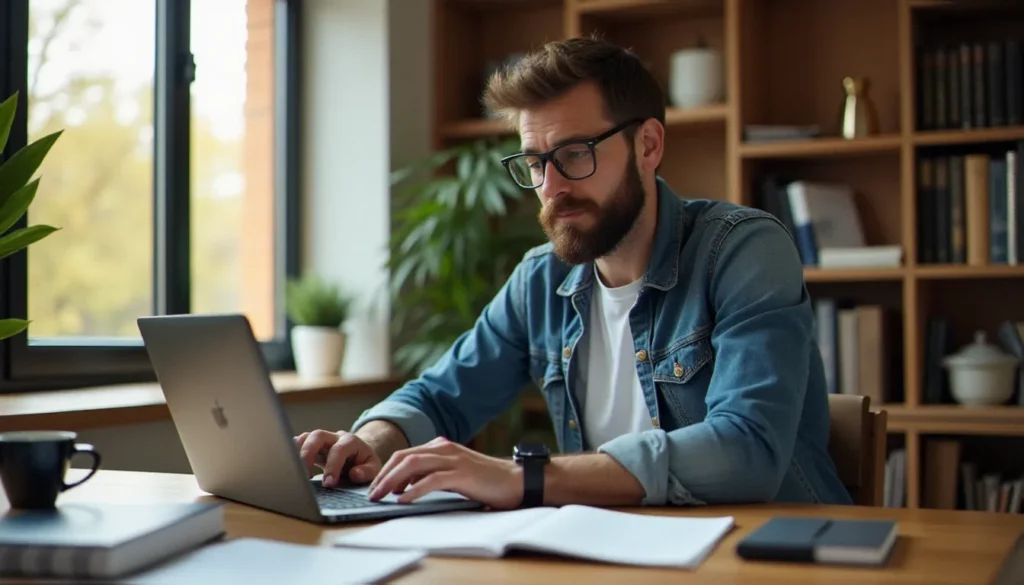 Entrepreneur consultant travaillant sur la publication de son livre via Amazon KDP depuis son bureau à domicile