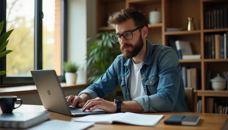 Entrepreneur consultant travaillant sur la publication de son livre via Amazon KDP depuis son bureau à domicile