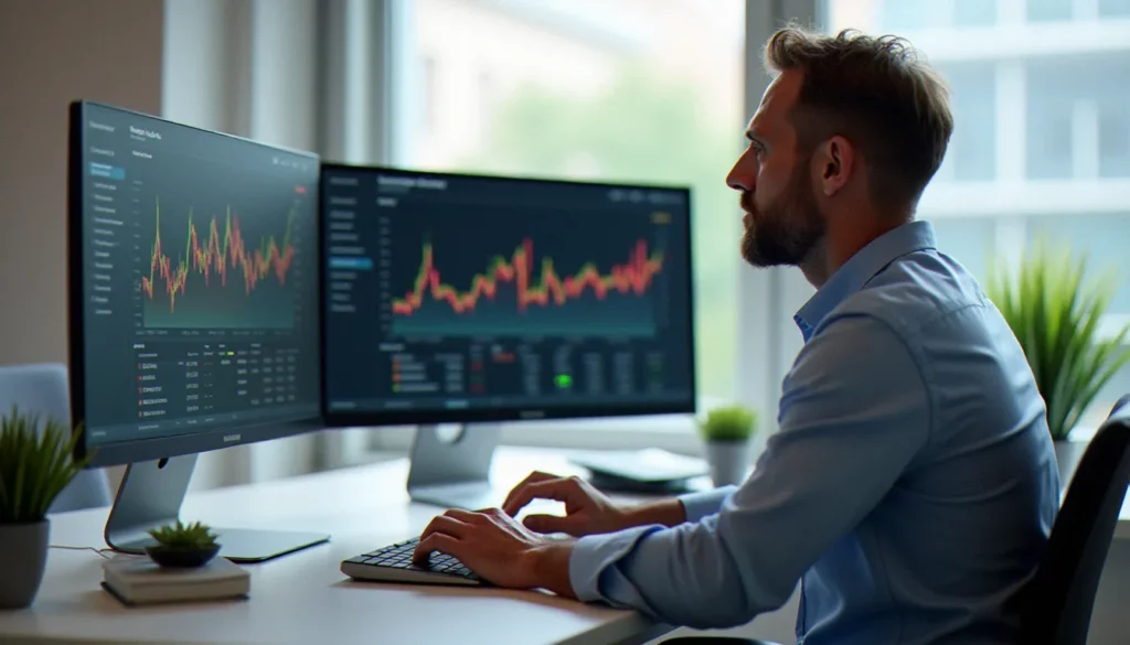 Consultant SEO analysant des données de référencement naturel sur deux écrans dans un bureau moderne de Rennes, illustrant l'expertise de Cédric Guérin et de la team SEO de Rennes chez Emeraude Internet