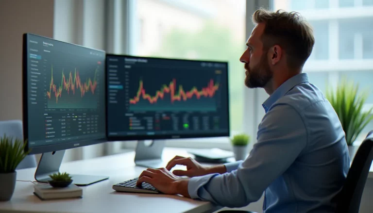Consultant SEO analysant des données de référencement naturel sur deux écrans dans un bureau moderne de Rennes, illustrant l'expertise de Cédric Guérin et de la team SEO de Rennes chez Emeraude Internet