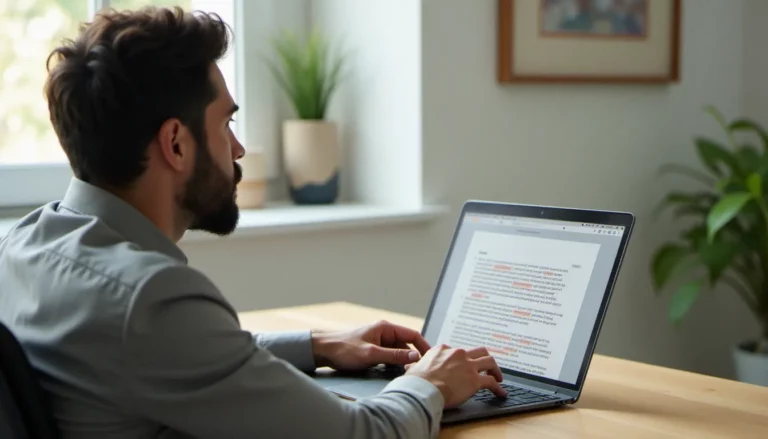 Un entrepreneur utilisant un coorecteur orthographe sur son ordinateur portable dans un bureau moderne, avec des suggestions de correction visibles à l'écran
