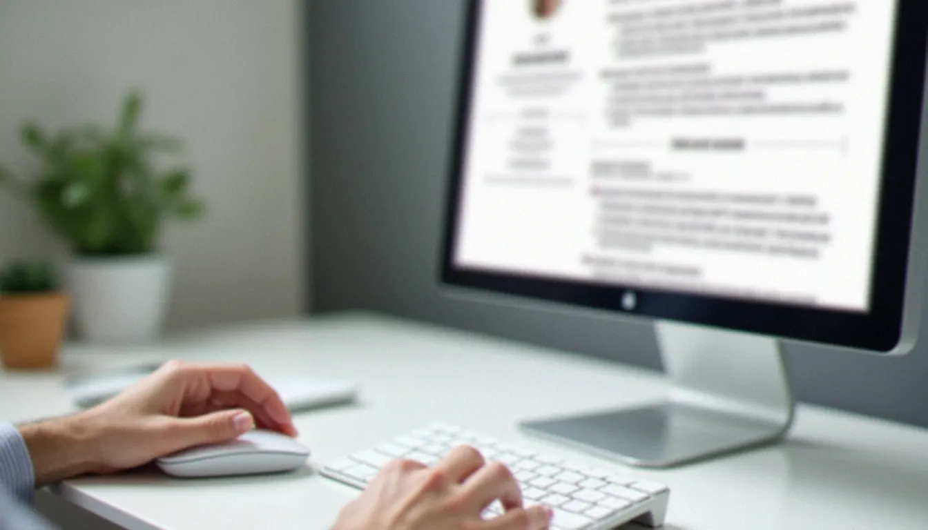 Écran d'ordinateur affichant l'interface d'un outil de création de CV en ligne avec un template minimaliste, main posée sur la souris