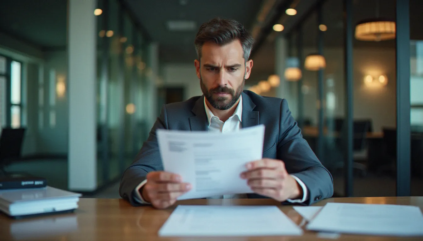 Un recruteur en entreprise examine attentivement un CV imprimé devant une pile de candidatures, illustrant la sélection rapide des dossiers en environnement professionnel
