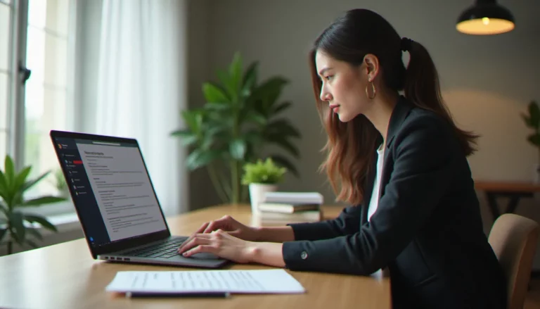 Une jeune femme professionnelle crée un CV gratuitement sur son ordinateur portable dans un bureau minimaliste baigné de lumière naturelle