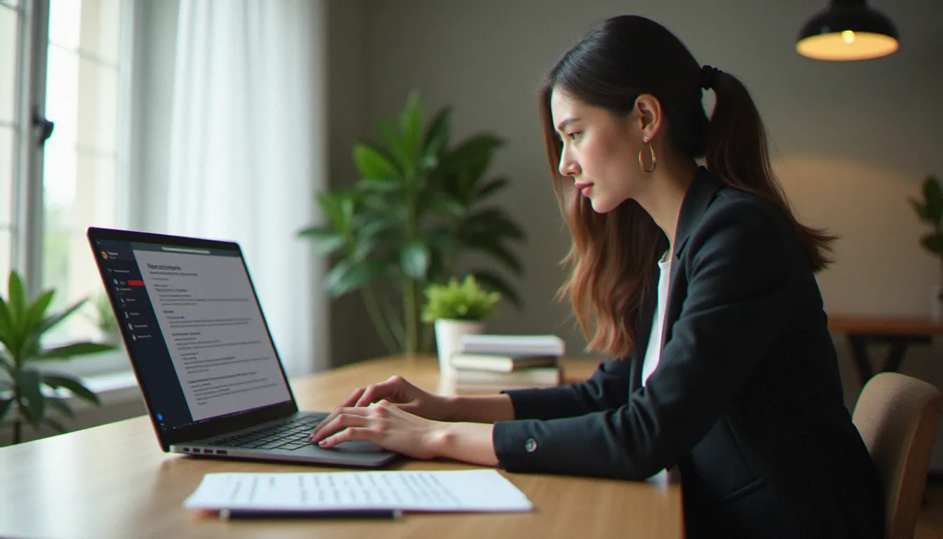 Une jeune femme professionnelle crée un CV gratuitement sur son ordinateur portable dans un bureau minimaliste baigné de lumière naturelle