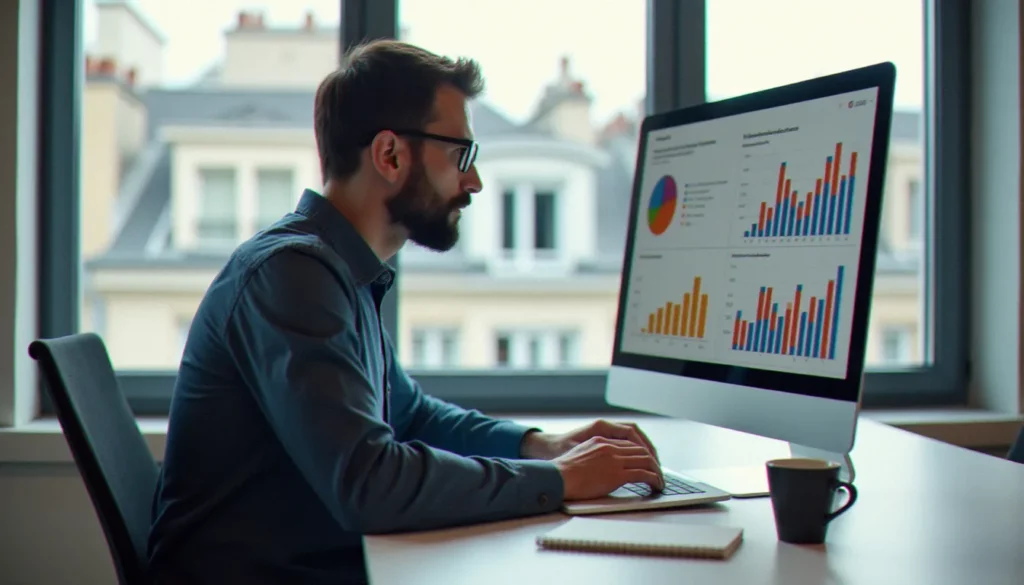 Consultant en data marketing à Paris analysant des graphiques de données clients sur un grand écran dans un espace de coworking moderne avec vue sur les toits parisiens