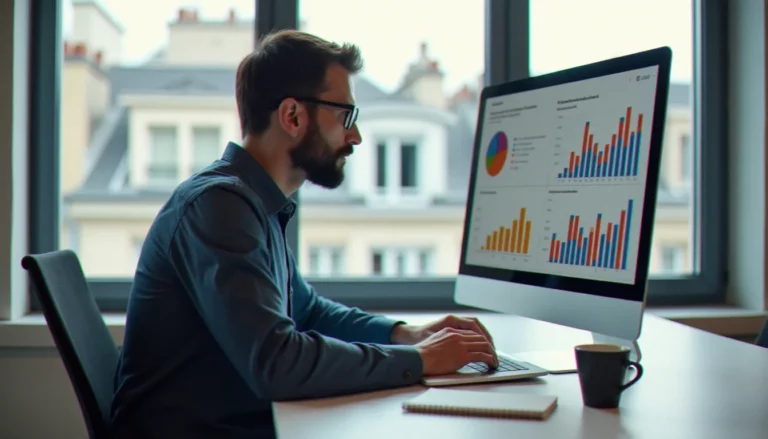 Consultant en data marketing à Paris analysant des graphiques de données clients sur un grand écran dans un espace de coworking moderne avec vue sur les toits parisiens