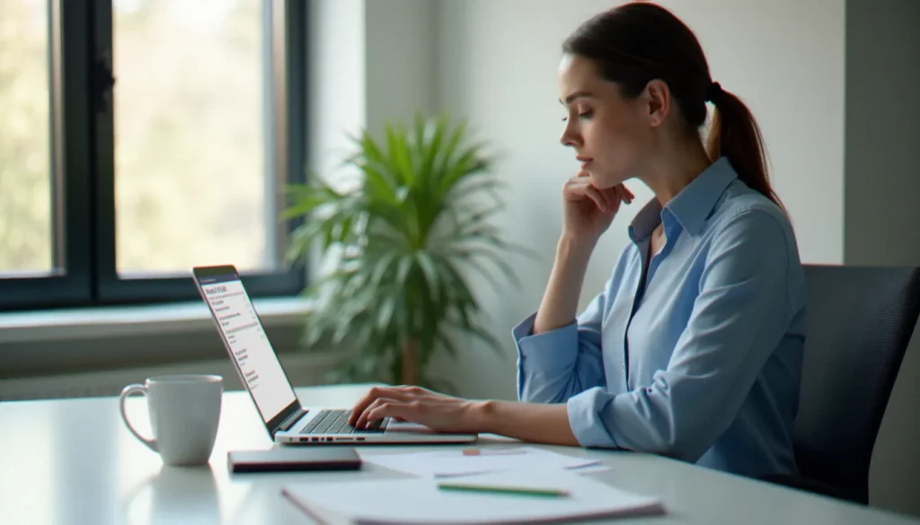 Un salarié consultant son digiposte bulletin de paie sur un ordinateur portable dans un bureau professionnel lumineux