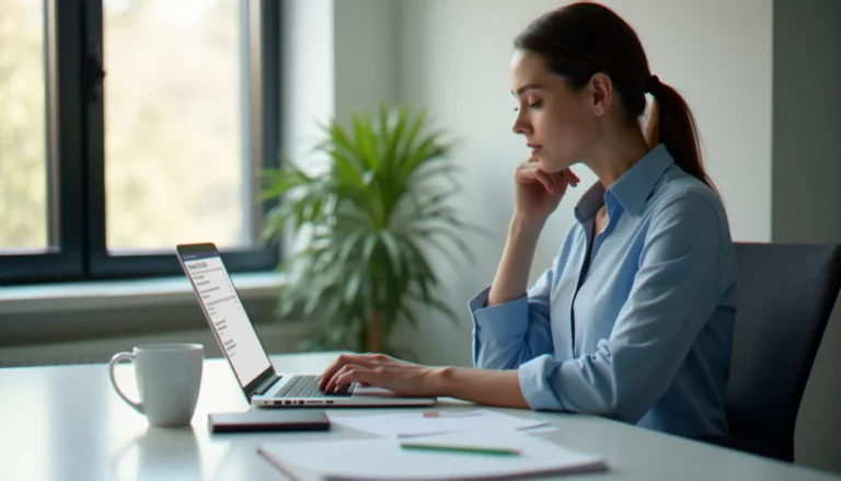 Un salarié consultant son digiposte bulletin de paie sur un ordinateur portable dans un bureau professionnel lumineux