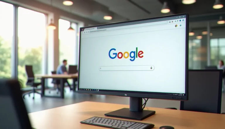 Écran d'ordinateur affichant les résultats de Google US sur un bureau de consultant digital en open space lumineux, illustrant le fonctionnement du moteur de recherche américain