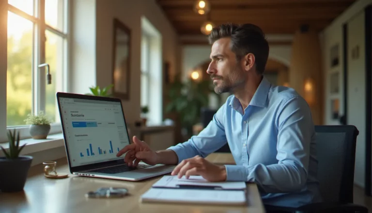 Dirigeant de TPE consultant des logiciels entreprise com sur son ordinateur portable dans un bureau professionnel lumineux
