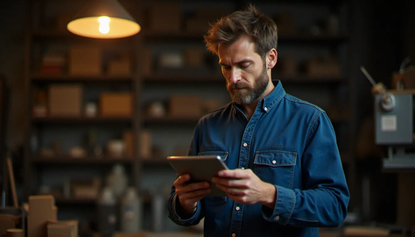 Un artisan français consultant ses emails professionnels depuis une tablette dans son atelier de travail