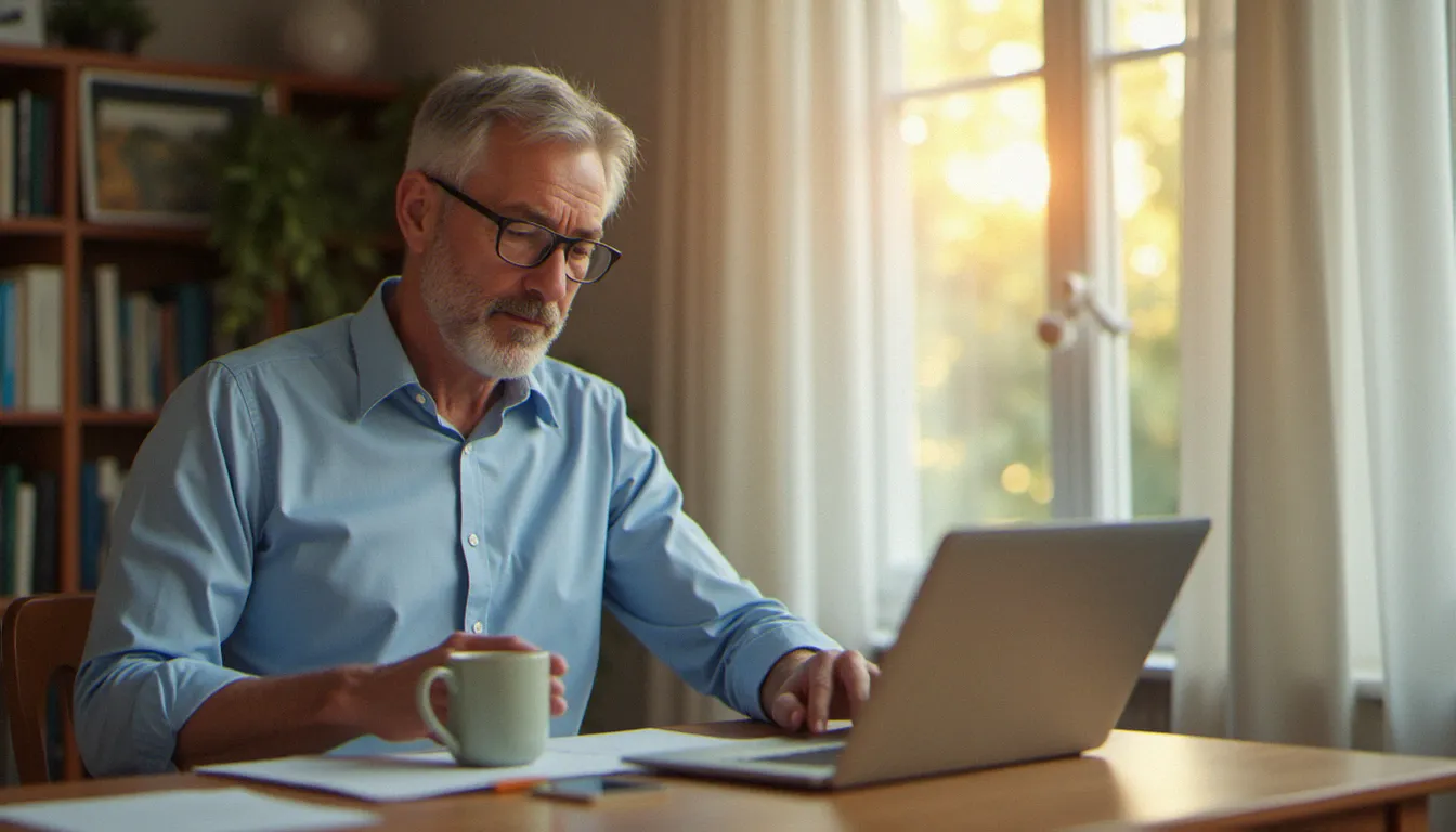 Un consultant professionnel consultant son mail Orange sur un ordinateur portable dans un bureau lumineux