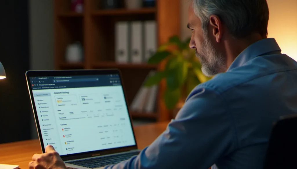 Un dirigeant de TPE consultant son espace my activity Google depuis son bureau, illustrant la gestion des données personnelles et professionnelles en ligne