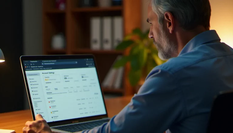 Un dirigeant de TPE consultant son espace my activity Google depuis son bureau, illustrant la gestion des données personnelles et professionnelles en ligne