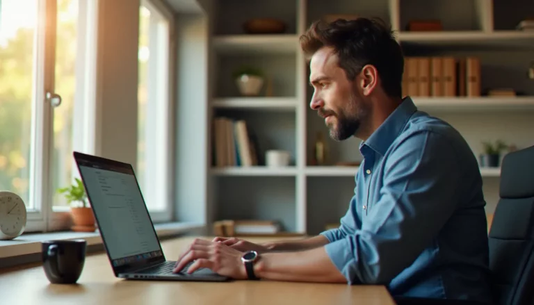 Consultant digital utilisant un webmail roundcube sur son ordinateur portable dans un bureau à domicile lumineux et professionnel