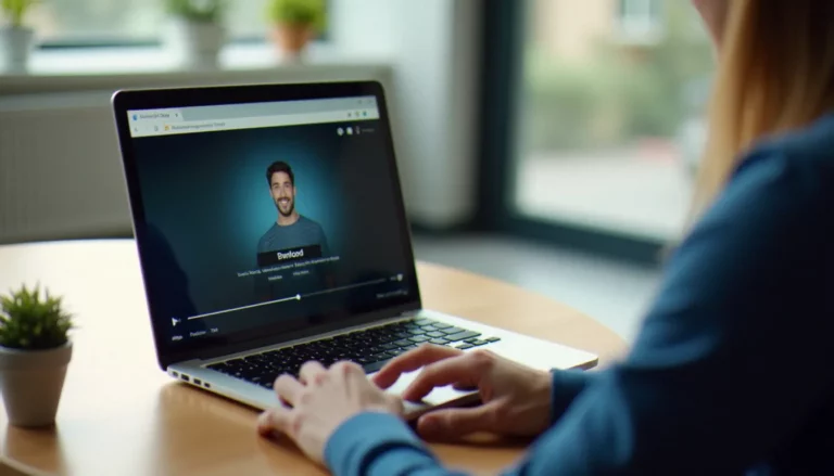 Personne devant un ordinateur portable affichant une interface de lecteur vidéo sur réseau social, prête à télécharger une vidéo Twitter depuis son bureau