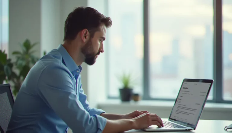 Un professionnel accède à son webmail Créteil depuis un ordinateur portable dans un bureau moderne et lumineux