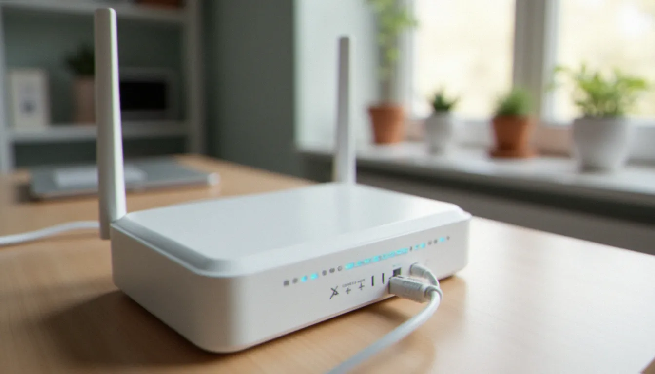 Une box internet moderne posée sur un bureau avec ses voyants lumineux allumés, représentant le matériel gérable depuis l'adresse 192.168.1.1