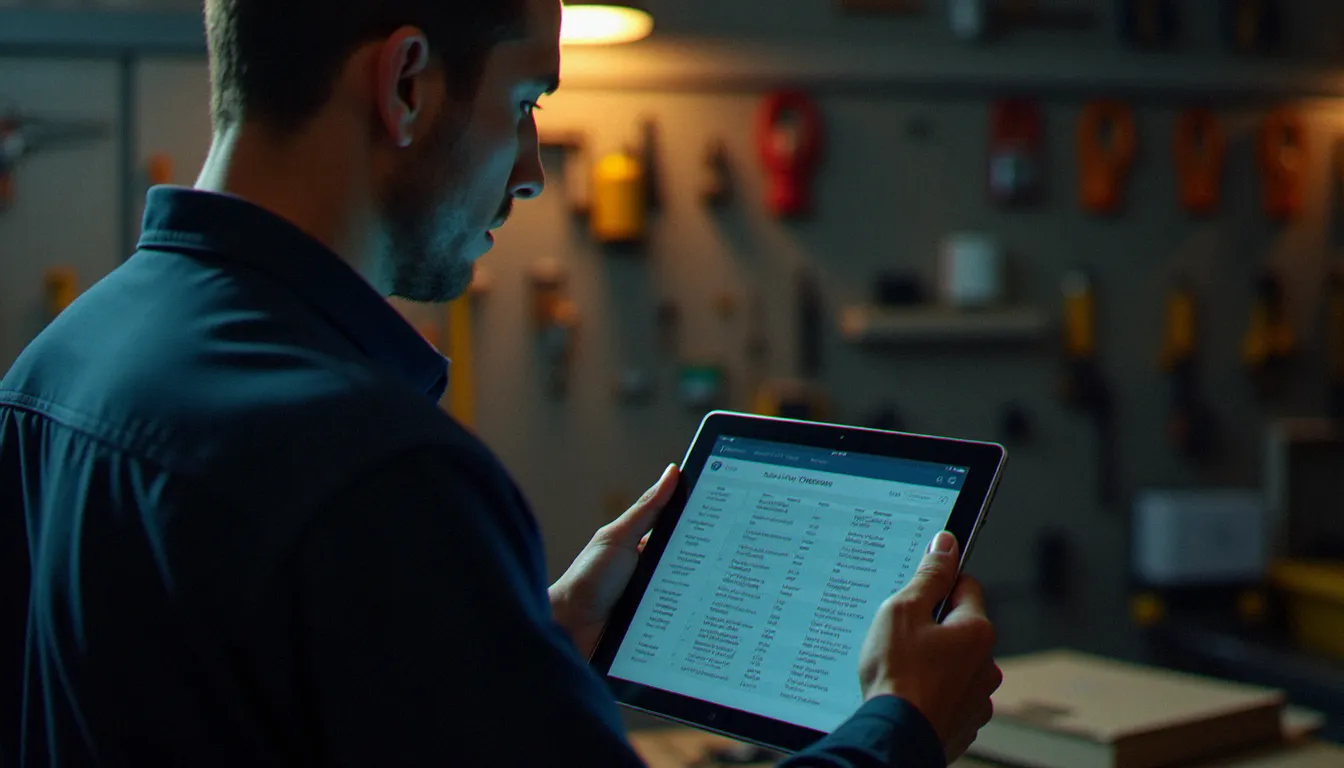 Un artisan en tenue de travail consulte l'interface de sécurité réseau de sa box professionnelle sur une tablette pour vérifier les appareils connectés