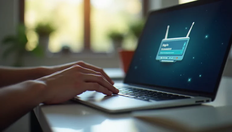 Une personne accède à l'interface d'administration de sa box internet via l'adresse 192.168.1.1 sur un ordinateur portable dans un bureau bien éclairé