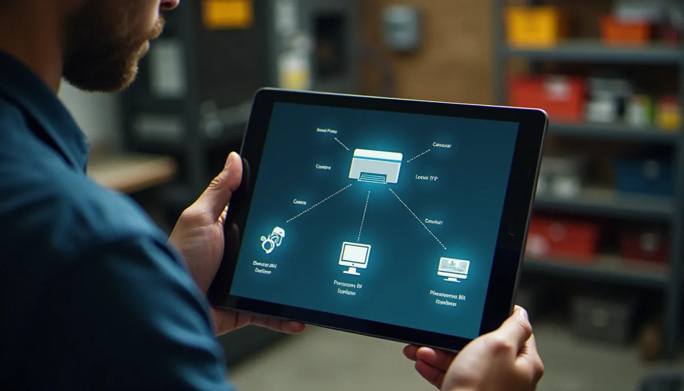 Artisan consultant un schéma réseau sur tablette dans son atelier, illustrant la gestion des adresses IP locales pour une petite entreprise