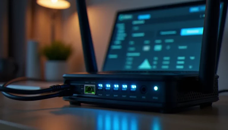 Routeur réseau domestique avec câbles ethernet et voyants LED bleus, illustrant la gestion des adresses IP locales comme 192.168.1.19 sur un réseau d'entreprise