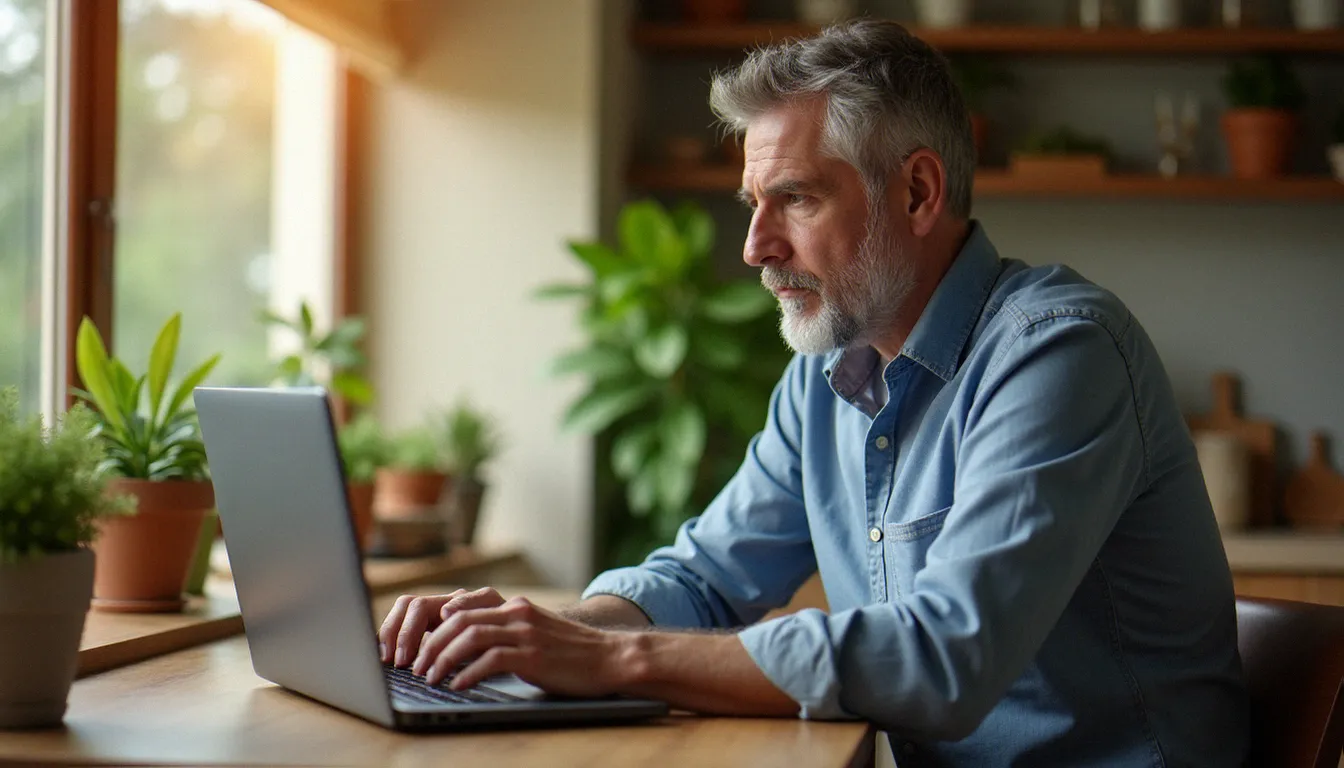 Chef d'entreprise TPE gérant son back office depuis son domicile sur un ordinateur portable, illustrant l'autonomie offerte par un bon outil d'administration de site