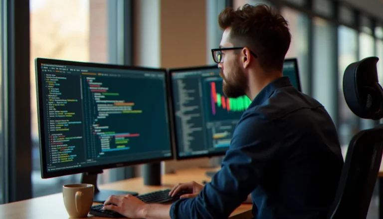 Développeur web travaillant sur des commandes Git incluant le cherry pick sur deux écrans dans un bureau professionnel lumineux