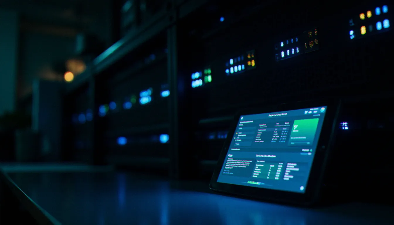 Rack serveur dans un bureau avec tableau de bord Docker visible sur une tablette, montrant des conteneurs Docker actifs pour une petite entreprise