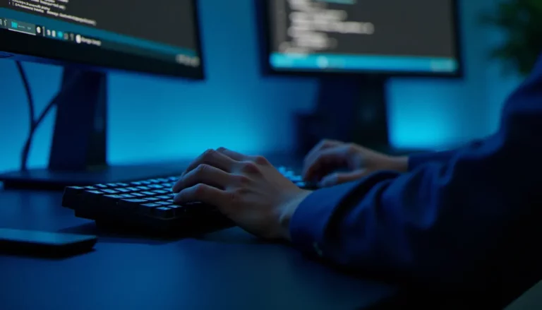 Développeur tapant une commande pour lancer Docker dans un terminal sur double écran, bureau moderne et épuré