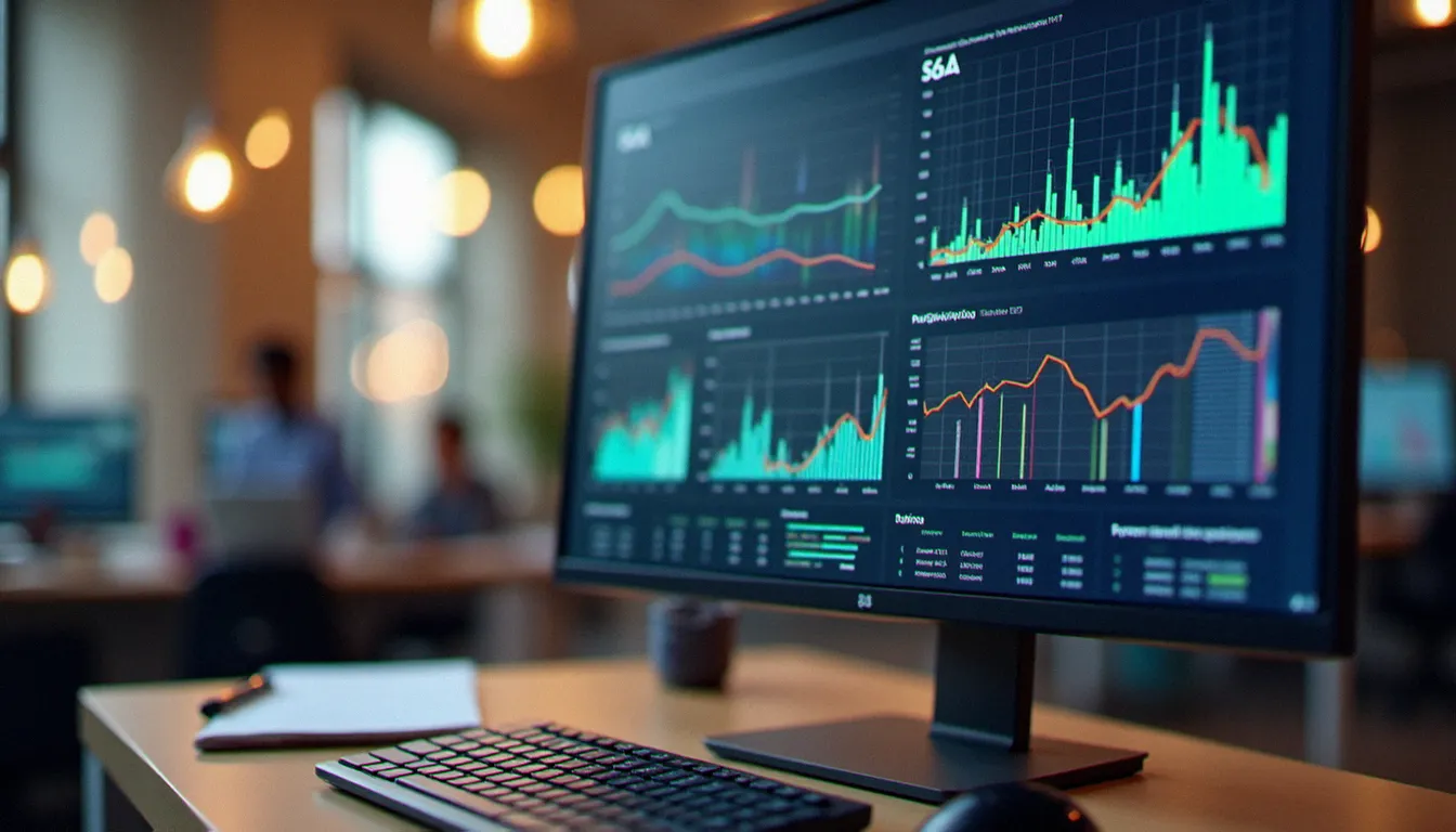 Écran d'ordinateur affichant des graphiques d'audit SEO et des courbes de positionnement de mots-clés, symbolisant les méthodes d'analyse d'un consultant SEO expérimenté