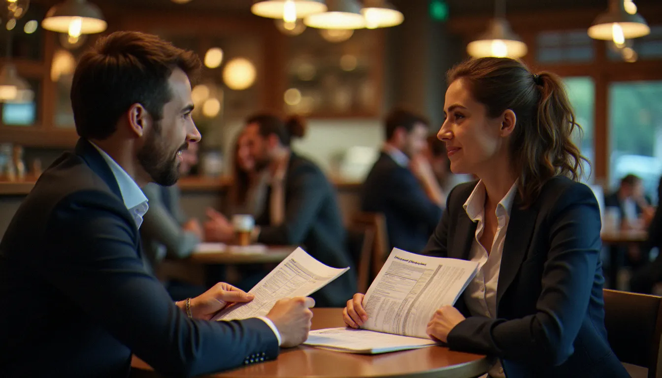 Un dirigeant de TPE et un consultant SEO examinent ensemble des rapports de référencement, illustrant la relation de conseil personnalisée dans un accompagnement SEO
