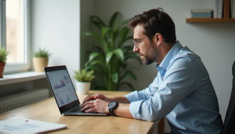 Un consultant SEO indépendant analyse les performances de référencement naturel d'un site web, illustrant le travail d'un consultant SEO comme Jérôme Rudel