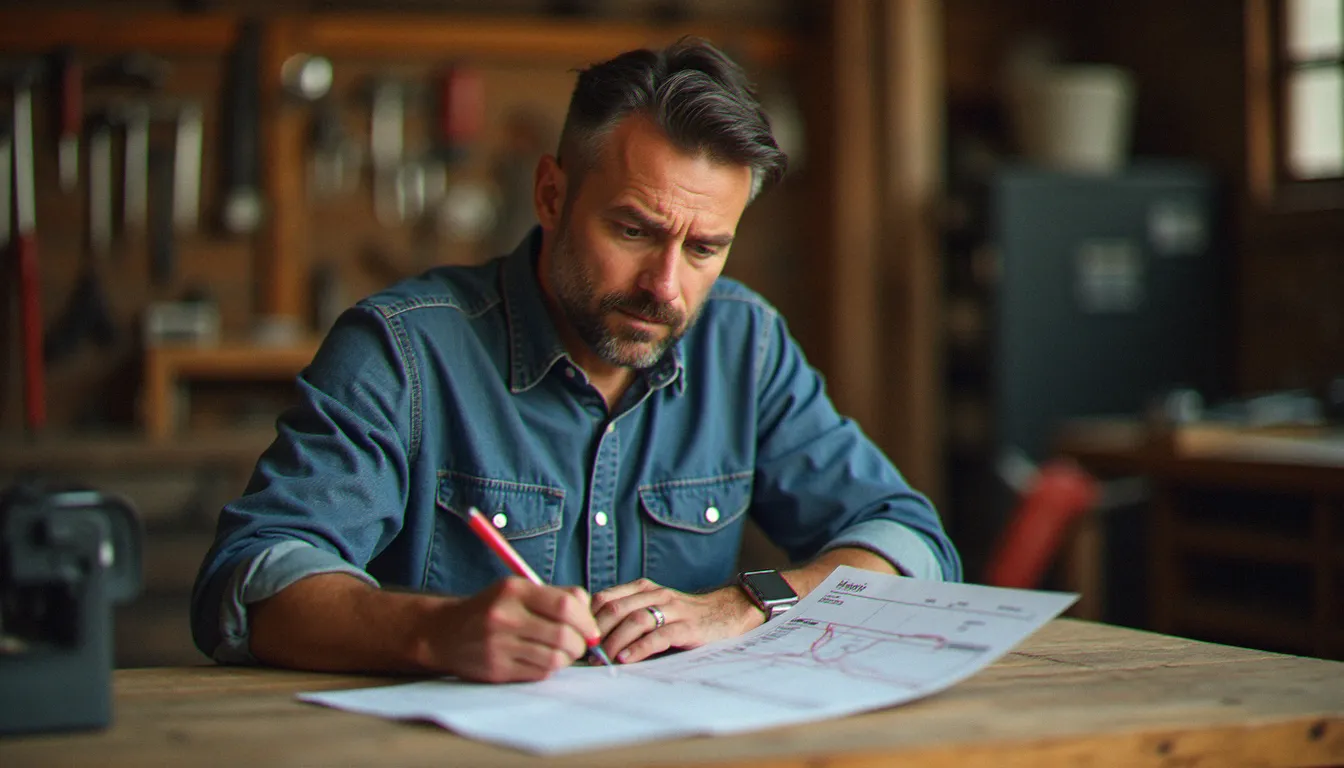 Artisan relisant un devis imprimé dans son atelier, illustrant les conséquences des fautes d'orthographe sur la crédibilité professionnelle