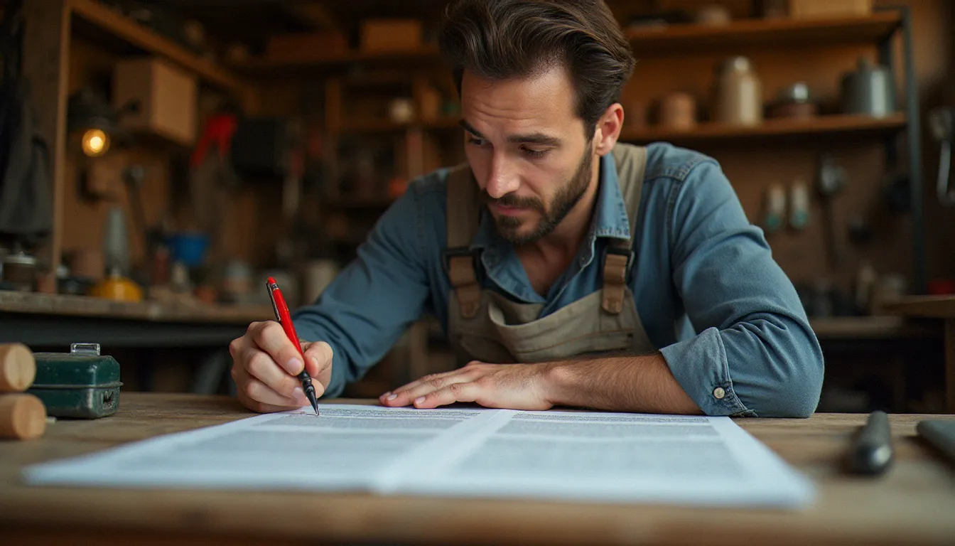 Artisan en bleu de travail relisant des pages web imprimées avec un stylo rouge pour corriger des fautes d'orthographe