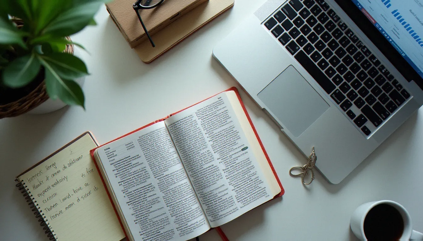 Vue aérienne d'un bureau avec dictionnaire français ouvert, carnet de notes et ordinateur affichant des statistiques de site web