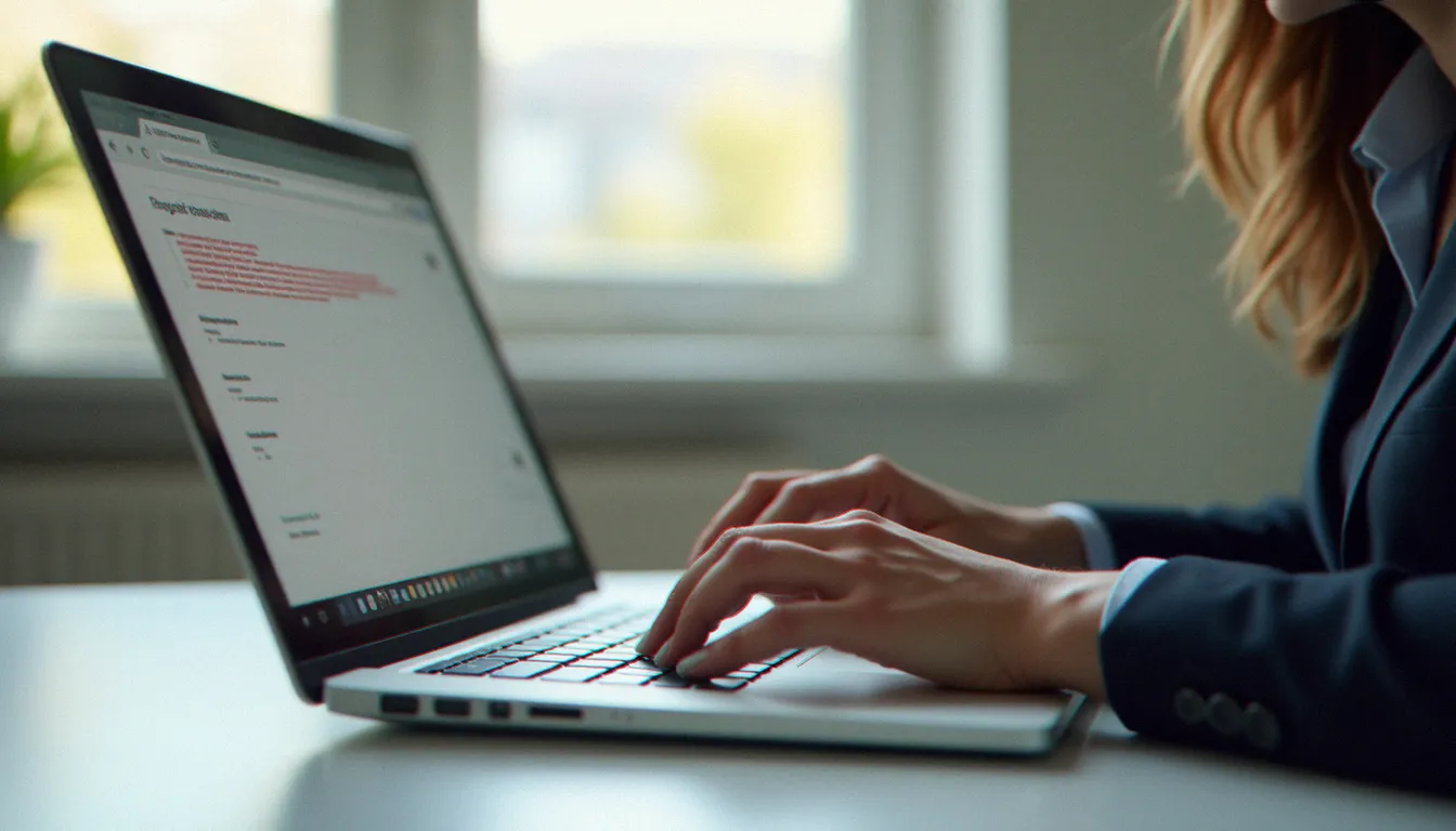 Mains d'une professionnelle sur un clavier d'ordinateur avec corrections orthographe visibles à l'écran dans un navigateur web