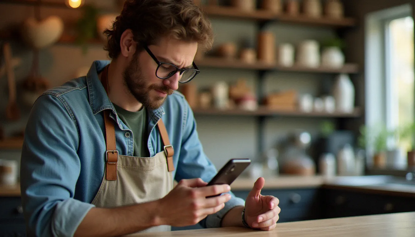Dirigeant de TPE frustré par la lenteur de chargement de son site web sur mobile, illustrant les conséquences concrètes d'un DOM trop lourd