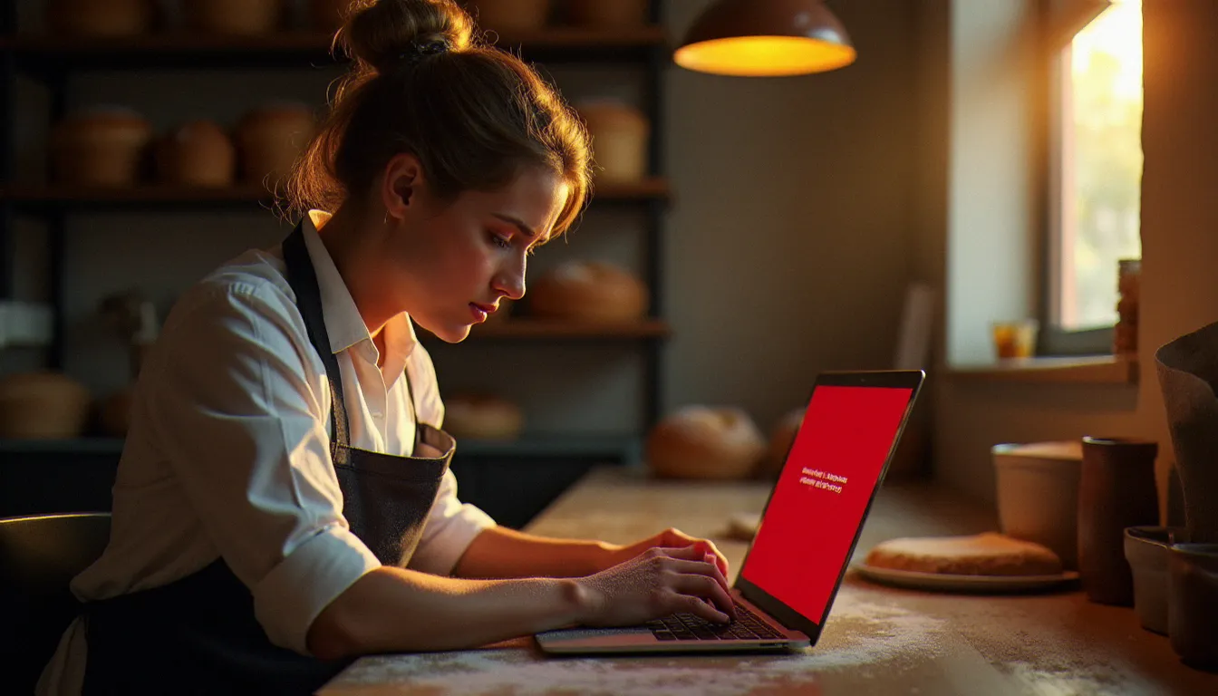 Artisane boulangère regardant avec inquiétude son ordinateur portable affichant une erreur de site web dans l'arrière-boutique de sa boulangerie, conséquence d'une migration serveur non anticipée