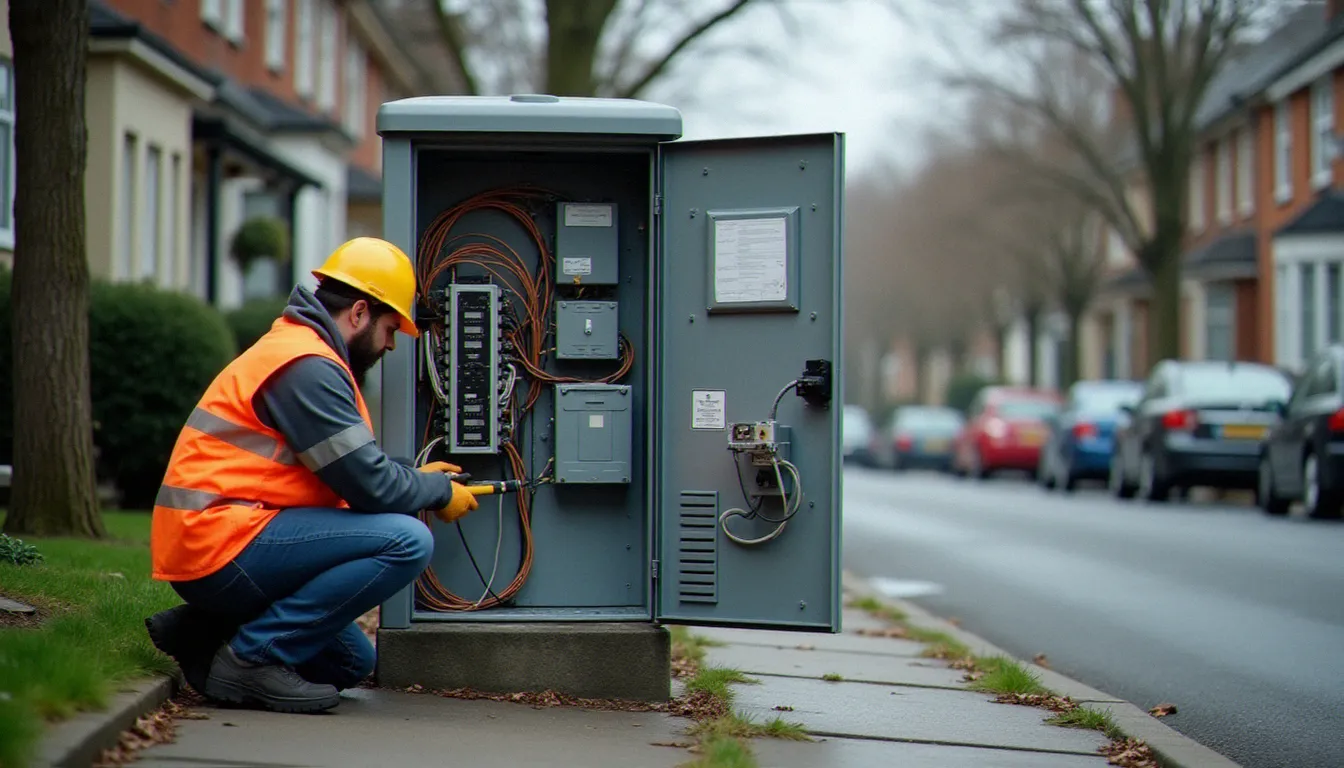 Technicien télécom intervenant dans un répartiteur de rue pour configurer les équipements de dégroupage