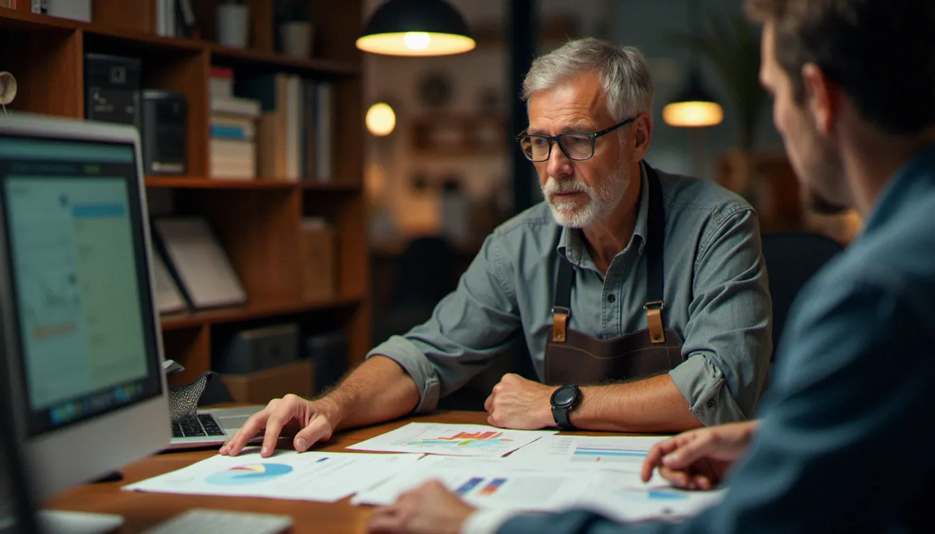 Un artisan discutant avec un consultant digital des résultats d'analyse de contenu IA pour son site web professionnel