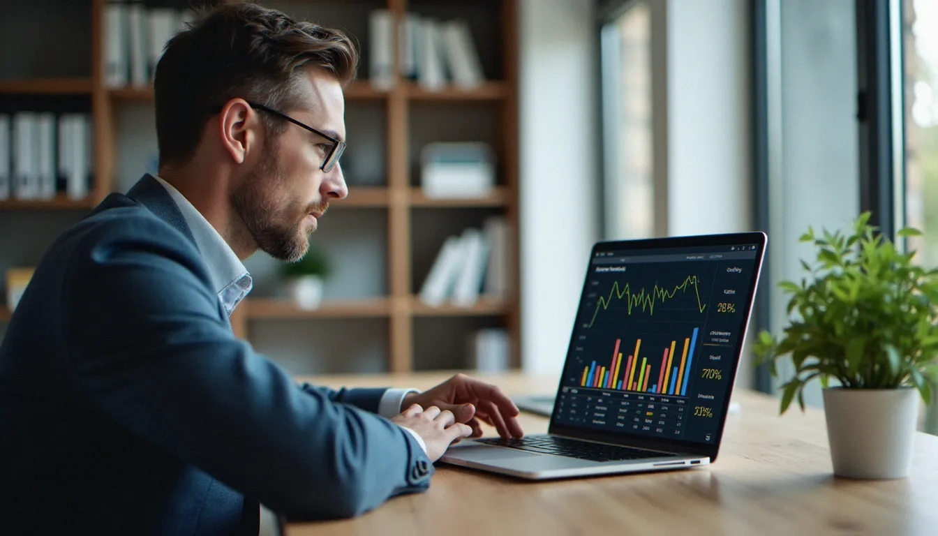 Un consultant digital analysant les résultats d'un détecteur IA sur son ordinateur portable dans un bureau professionnel