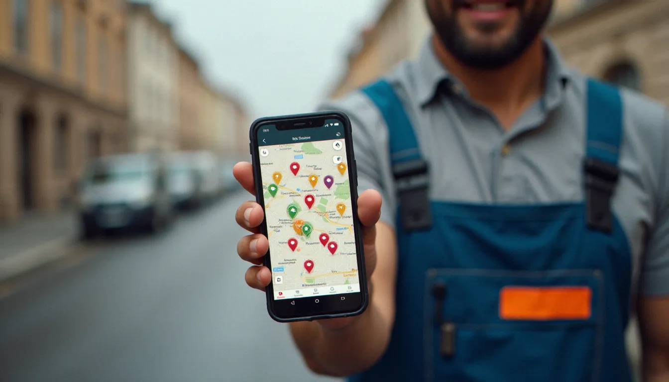 Artisan consultant des fiches d'entreprises locales sur smartphone en extérieur, illustrant la synchronisation des données sur les annuaires via un outil comme drivbe