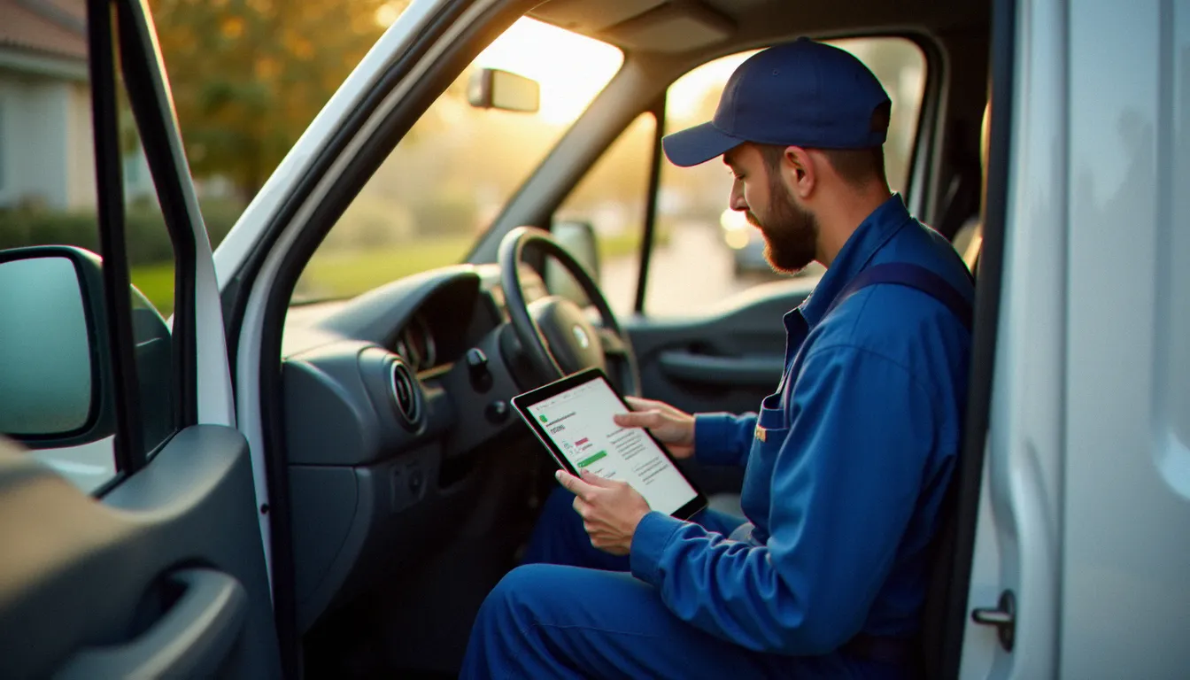Plombier artisan consultant ses avis clients en ligne sur tablette depuis son véhicule de travail, illustration concrète de l'utilisation quotidienne d'un outil drivbe pour une TPE