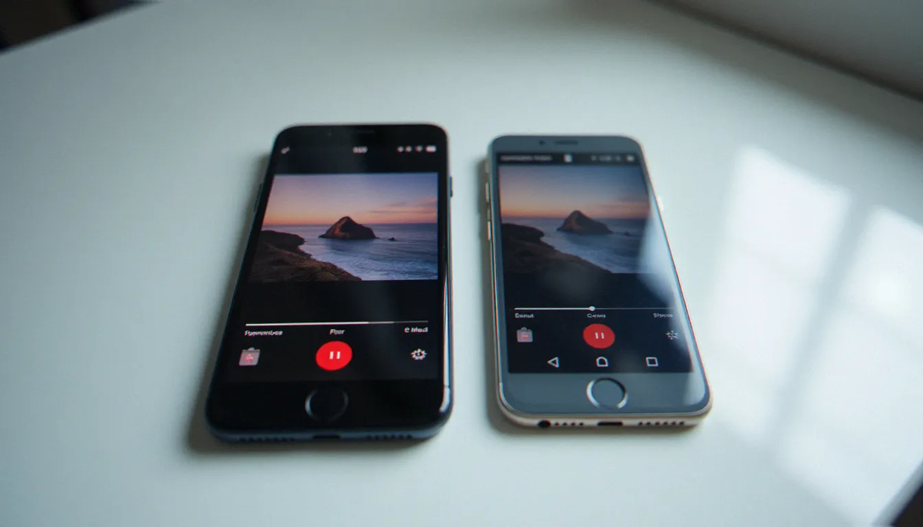 Un smartphone Android et un iPhone posés côte à côte affichant une vidéo en lecture, comparaison des méthodes mobiles pour enregistrer une vidéo Twitter